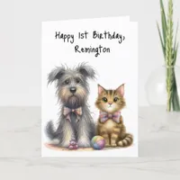 Cute Dog and Cat Happy 1st Birthday Greeting Card