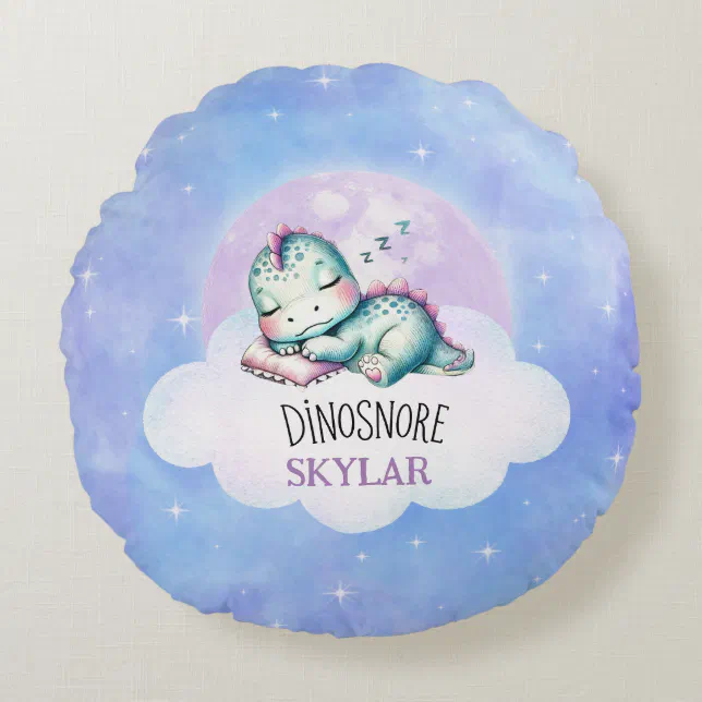 Cute Funny 'Dinosnore' Personalized Name Kids Round Pillow