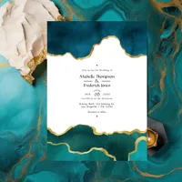 Teal and Gold Geode Agate Stone Wedding Photo Invitation