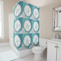 Teal Starfish and Sand Dollar Beachy  Shower Curtain