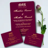 Monogram Elegant Burgundy & Gold Details QR code Enclosure Card