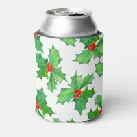 Holly Leaves, Berries, Red, Green Floral Christmas Can Cooler