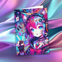 Glitchcore Colorful Anime Girl Birthday Card