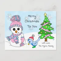 Cute Whimsical Christmas Snowman and Bird Postcard