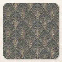 Grey & Gold Art Deco Fan Square Paper Coaster