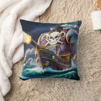 Colorful Pirate Ship Sailing Through Stormy Seas Throw Pillow