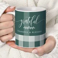 Grateful Thankful Blessed Green & White Plaid Coffee Mug