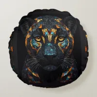 Mosaic Stained Glassed Black Panther Portrait  Round Pillow