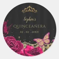 Vintage Pink Roses Black Gold Lace Quincea&#241;era Classic Round Sticker