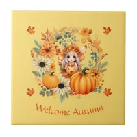 Cute Pumpkin Fairy in Autumn Wreath Ceramic Tile