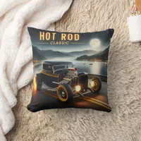 Moonlit vintage hot rod racing by lakeside throw pillow