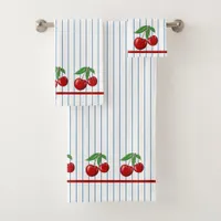 Red Cherries on Blue Stripes Graphic Pattern Bath Towel Set