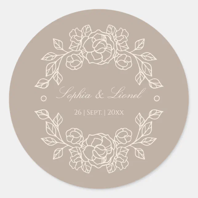 Minimal Elegant Outline Floral Wedding Classic Round Sticker