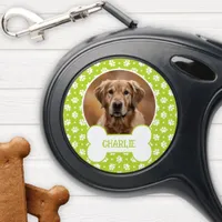 Green Polka Dot Paw Print Dog Bone Pet Photo Retractable Pet Leash