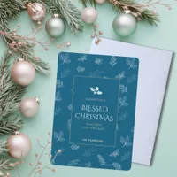 Simple Gold Winter Leaves Blue Christmas Holiday Card