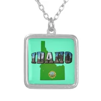 Idaho Map, Seal and Picture Text Silver Plated Necklace