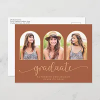 Modern Terracotta Gold Arch 3 Photo Graduation Announcement Postcard