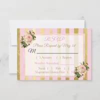 Pink and Gold Floral Striped  Wedding RSVP card