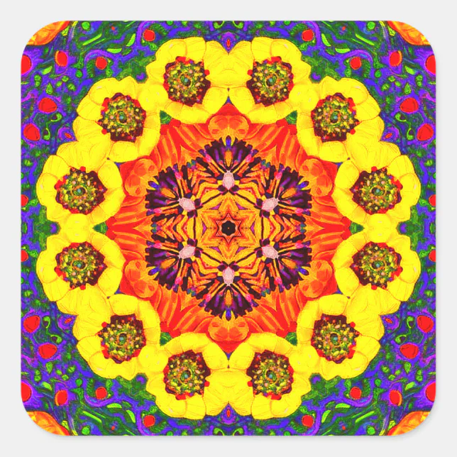 Golden flower kaleidoscope square sticker