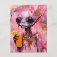 Pink Alien With An Orange Juice Postcard