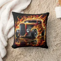 Vintage hot rod blazing through fiery reflections throw pillow