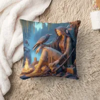 Native American Woman With Raven By The Fire Throw Pillow