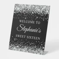 Silver Glitter Black Sweet Sixteen Welcome Pedestal Sign