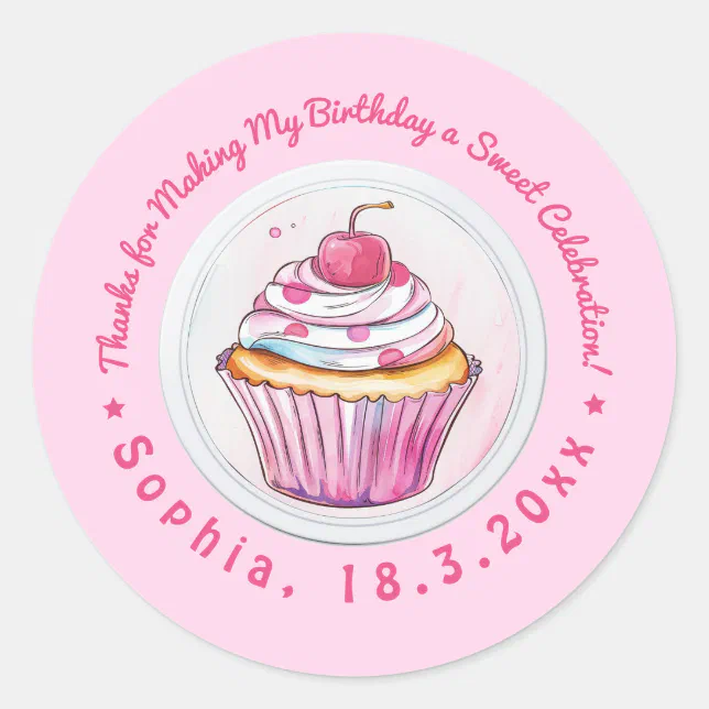 Watercolor Cupcake Sweet Birthday Thank You  Classic Round Sticker