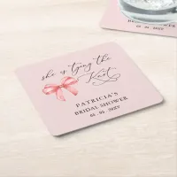 She is tying the knot pink bow Bridal Shower Square Paper Coaster