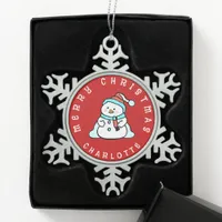 Cute Snowman With Name | Red  Snowflake Pewter Christmas Ornament