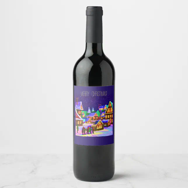 Merry Christmas - village in the snow Wine Label