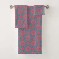 Teal Pink & Red Stylish Mosaic Geometric Pattern Bath Towel Set