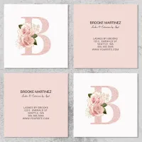 Pale Rose Gold Glitter Floral Monogram B Square Business Card