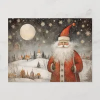 Cheerful Whimsical Santa Claus in a Snowy Village Postcard