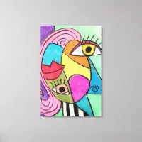 Colorful Abstract Face Cubism Red Purple Blue Cool Canvas Print