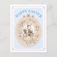 Vintage Floral Easter Bunny Blue GinghamCheckNONAM Holiday Postcard