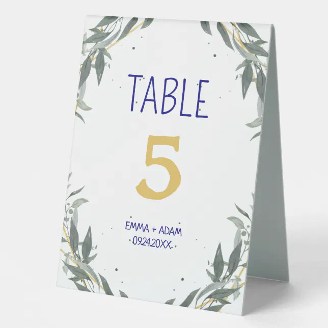 Simple Eucalyptus Greenery Navy Blue and Gold Table Tent Sign