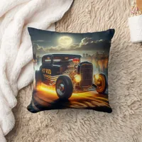 Vintage hot rod cruising by the lakeside at night throw pillow