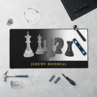 Chess Black and White Pieces Watercolor Gold name Desk Mat