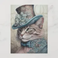 Cute Cat With a Blue Flowers Vintage Tophat Postcard