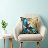 Serene Blue Bird Perched on Stained Glass Throw Pillow