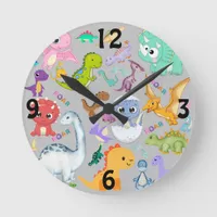 Cute Dinosaur Pattern on Grey | Round Clock