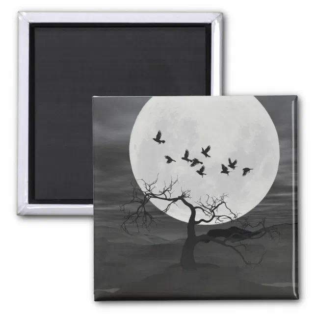 Spooky Ravens Flying Against the Full Moon Magnet