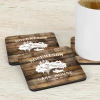 Lake House Family Name Rustic Wood Beverage Coaster