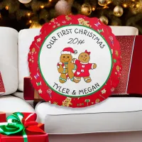 Cute Our First Christmas with Gingerbread Man  Round Pillow