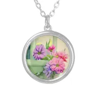 Pink and Purple Flowers on Window Sill Silver Plated Necklace