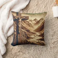 Jesus Crucified in Mountain Landscape Throw Pillow