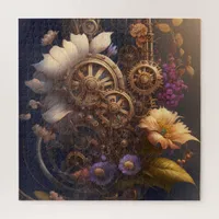 Steampunk Gears and Purple and White Flowers Jigsaw Puzzle