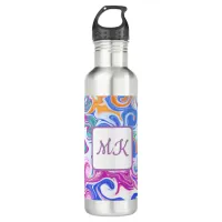 Blue, Orange, Purple and Teal Fluid Art Stainless Steel Water Bottle