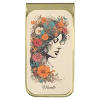 Retro Girl with Flowers in her hair Gold Finish Money Clip